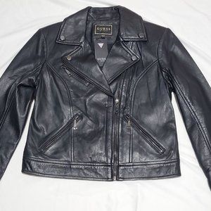Guess - Cropped Venom Genuine Leather Moto Jacket in Black - New With Tags
